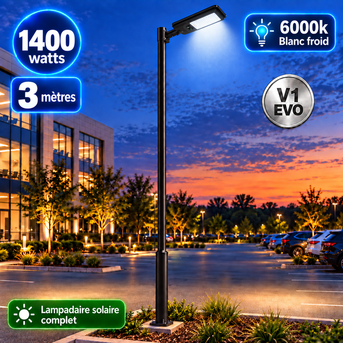 Pack lampadaire solaire complet 3/4/5/6 mètres au choix : Lampe solaire Série VIEW V2 EVO + Mât STANDARD V1 EVO - Entraxe des trous 200mm + Adaptateur ajustable 80/50mm ou Support déporté 45mm