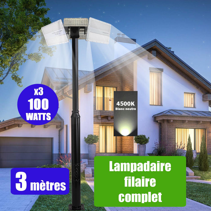 Pack lampadaire filaire complet triple tête 3 mètres : 3x Projecteurs LED filaires Série ELITE 100 Watts - 4500k + Mât STANDARD - 3 mètres avec trappe