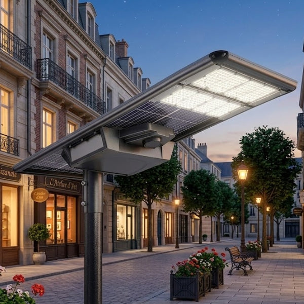 Lampe de rue solaire - Série STARSHIP ELITE - 12 800 Lumens - Angle 150x70° - IP65 - 139 x 45 x 9 cm - 3000k/4000k/6000k au choix - Structure ALUMINIUM - Tube d'insertion 76mm - Régulateur MPPT - Détecteur de mouvement - Télécommande - Garantie 3 ans