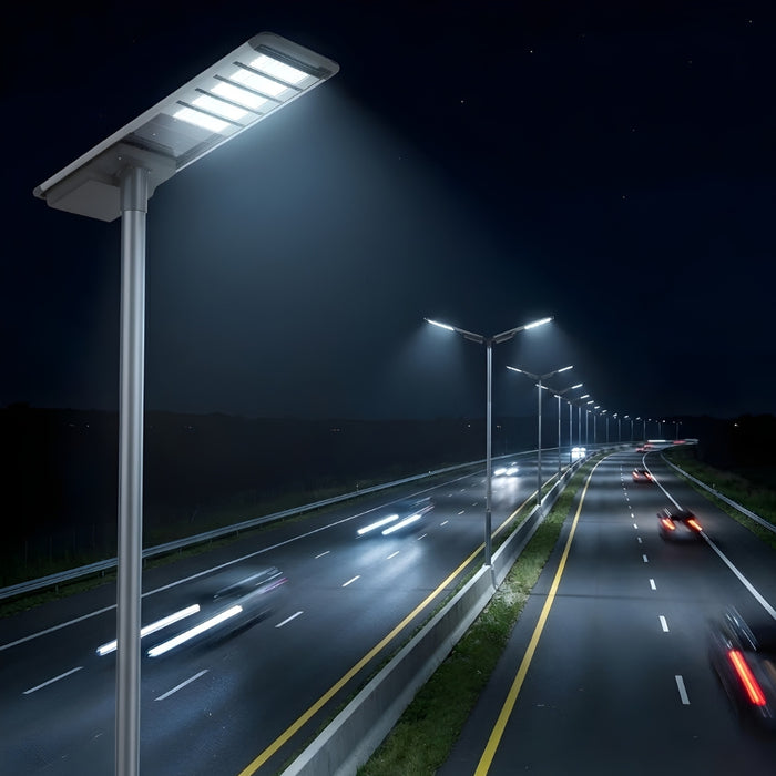 Lampe de rue solaire - Série HORIZON - 24 000 Lumens - 150 Watts - Couleur 6500K - Angle 150x70° - IP65 - Structure Aluminium - 1904 x 497 x 115 mm - Tube d'insertion 76mm - Régulateur MPPT - Garantie 3 ans