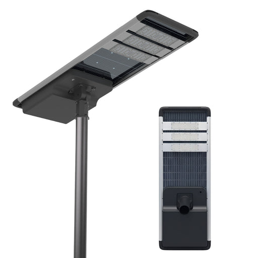 Lampe de rue solaire - Série HORIZON - 16 000 Lumens - 100 Watts - Couleur 6500K - Angle 150x70° - IP65 - Structure Aluminium - 1374 x 497 x 115 mm - Tube d'insertion 76mm - Régulateur MPPT - Garantie 3 ans