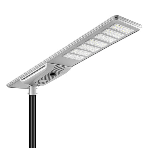 Lampe de rue solaire - Série STREET V3 - 24 000 Lumens - 120 Watts - Angle 155 x 75° - IP65 - 201 x 41 x 15 cm - Panneau solaire MONOCRISTALLIN - Protection à l'impact IK08 - Structure en ALUMINIUM - Tube d'insertion 65/82mm - Garantie 3 ans