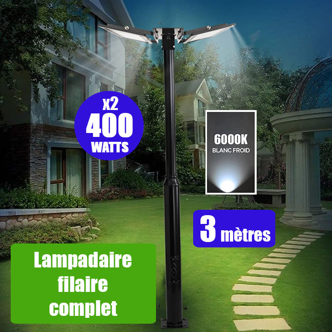 Pack lampadaire filaire complet double tête 3 mètres : 2x Projecteurs LED filaires Série ELITE 400 Watts - 6000k + Mât STANDARD - 3 mètres