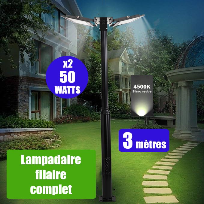 Pack lampadaire filaire complet double tête 3 mètres : 2x Projecteurs LED filaires Série ELITE 50 Watts - 4500k + Mât STANDARD 3 mètres avec trappe