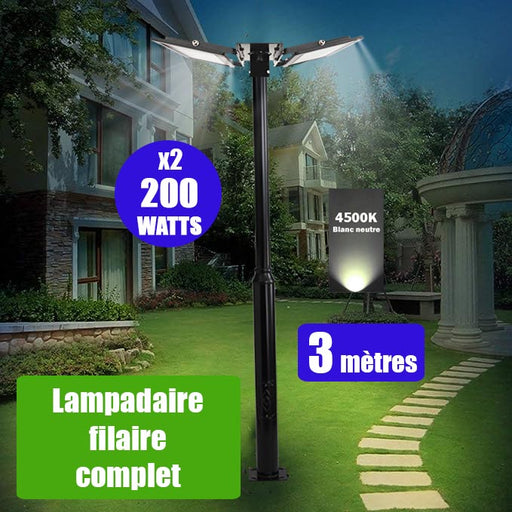 Pack lampadaire filaire complet double tête 3 mètres : 2x Projecteurs LED filaires Série ELITE 200 Watts - 4500k + Mât STANDARD - 3 mètres avec trappe