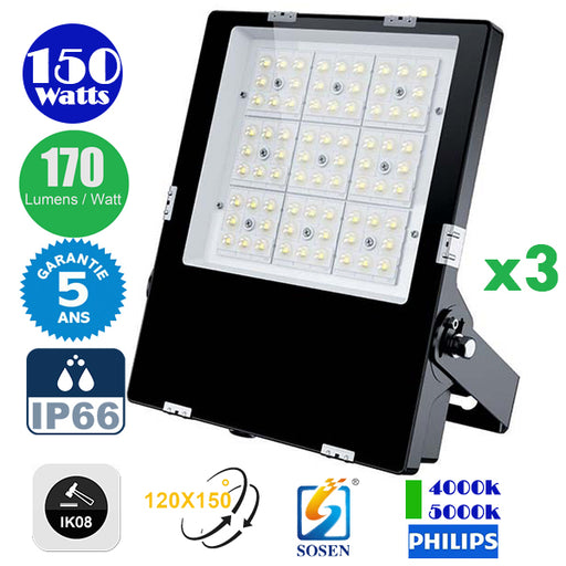 Pack de 3x Projecteurs LED Haute Puissance - Série CITY PLUS EVO 150 Watts - 25 500 Lumens - 170 Lumens/Watt - Angle  120x150° - IP66 - IK08 - 34 x 26 x 5 cm - Transformateur SOSEN - 4000k / 5000k au choix - Garantie 5 ans