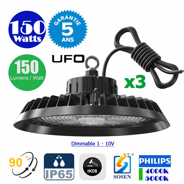 Pack de 3x Lampes industrielles UFO - CROSSOVER V2 - 150 Watts - 22 500 Lumens - 150 Lumens/Watt - Angle 90° - IP65 - IK08 - 30 x 14 cm - Dimmable - Transformateur SOSEN - 4000k/5000k - Garantie 5 ans