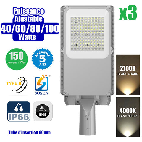 Pack de 3x Lampadaires LED Filaires - Série METTA - Puissance Ajustable 40/60/80/100 Watts - Jusqu'à 15 000 Lumens - 150 Lumens/Watt - Angle TPII - IP66 - IK08 - 58 x 24 x 10 cm - 2700K/4000K - Transformateur SOSEN - Tube d'insertion 60mm - Garantie 5 ans