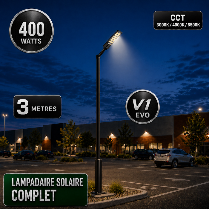 Pack lampadaire solaire complet 3/4/5/6 mètres au choix : Lampe solaire Série POWER ULTRA V2 + Mât STANDARD V1 EVO - Entraxe des trous 200mm - Noir