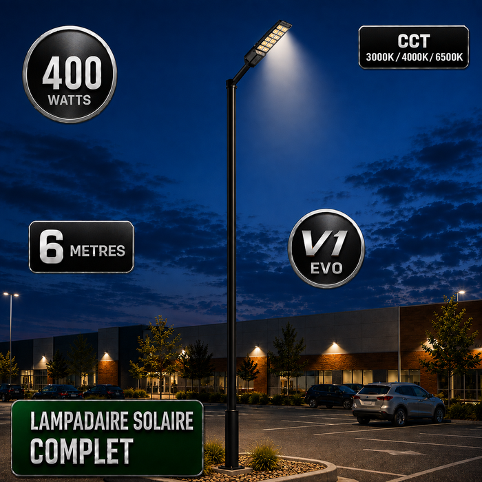 Pack lampadaire solaire complet 3/4/5/6 mètres au choix : Lampe solaire Série POWER ULTRA V2 + Mât STANDARD V1 EVO - Entraxe des trous 200mm - Noir