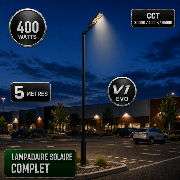 Pack lampadaire solaire complet 3/4/5/6 mètres au choix : Lampe solaire Série POWER ULTRA V2 + Mât STANDARD V1 EVO - Entraxe des trous 200mm - Noir