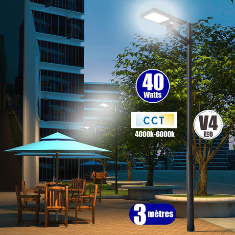 Pack lampadaire solaire complet 3 mètres : Lampadaire LED hybride - Série HYBRID V1 - Solaire & Filaire - CCT - 40 Watts - 6600 Lumens - Mât STANDARD V4 ECO 3 mètres + Support déporté 60mm