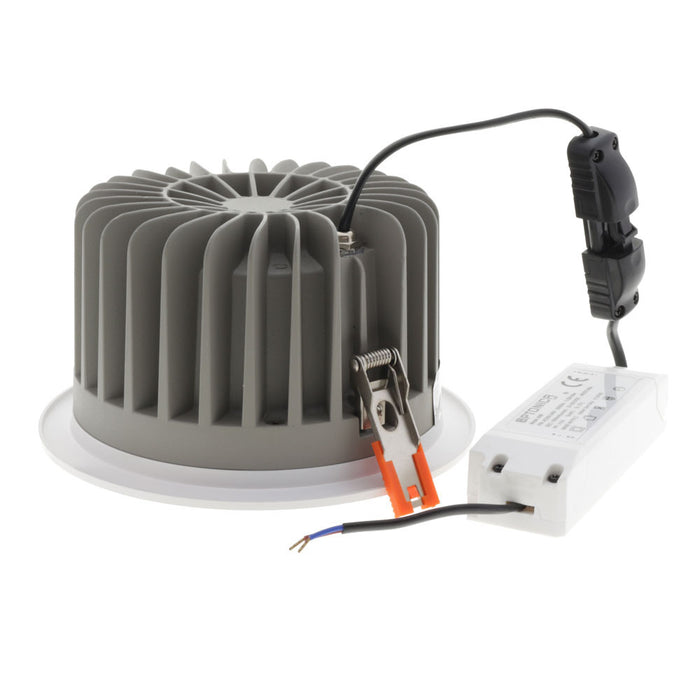 Spot LED COB encastrable intérieur rond - Filaire - 40 Watts - 4000 Lumens - 100 Lumens/Watt - Angle 60° - IP20 - Dimensions 195 x 110 mm - Découpe 175 mm - 4500K/6000K au choix - Certifié TUV