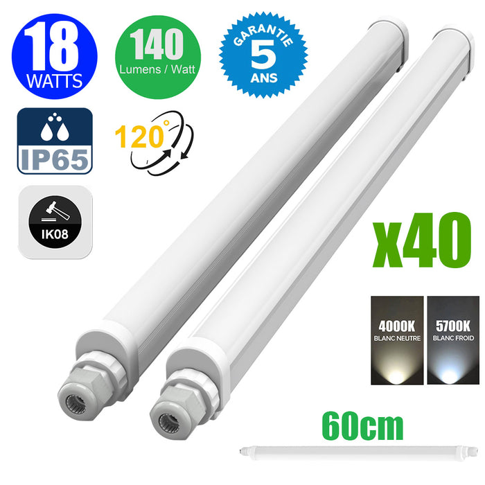 Pack de 40x Réglettes LED étanches - Série ECO140 - Version HAUT RENDEMENT - Non Connectables - 60 cm - 18 Watts - 2520 Lumens - 140 Lumens/Watt - IP65 - Angle 120° - 60 x 5 x 4 cm - 4000k / 5700k au choix - Garantie 5 ans