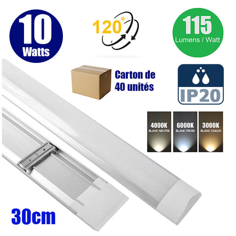 Carton de 40x Réglettes Fines LED 30CM - Série FLAT - Non étanches - 10 Watts - 1150 lumens - 115 Lumens/watt - 32 x 7 x 3 cm - Angle 120° - IP20 - 3000k / 4000k / 6000k au choix