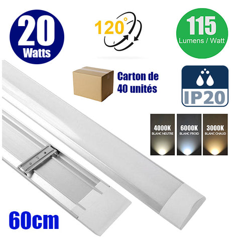Carton de 40x Réglettes Fines LED 60CM - Série FLAT - Non étanches - 20 Watts - 2300 lumens - 115 Lumens/watt - 62 x 7 x 3 cm - Angle 120° - IP20 - 3000k / 4000k / 6000k au choix