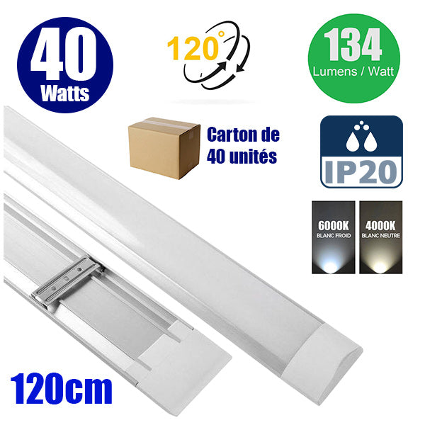 Carton de 40x Réglettes Fines LED 120CM - Série FLAT - Non étanches - 40 Watts - 5360 lumens - 134 Lumens/watt - 122 x 7 x 3 cm - Angle 120° - IP20 - 3000k / 4000k / 6000k au choix