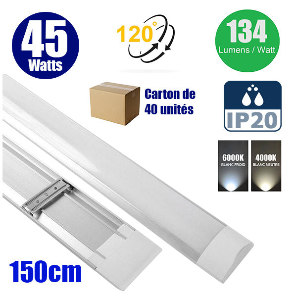 Carton de 40x Réglettes Fines LED 150CM - Série FLAT - Non étanches - 45 Watts - 6030 lumens - 134 Lumens/watt - 150 x 7 x 3 cm - Angle 120° - IP20 - 3000k / 4000k / 6000k au choix