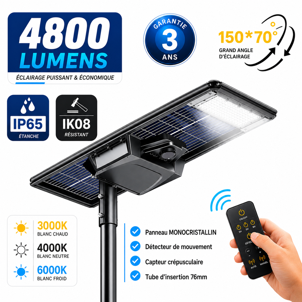 Lampe de rue solaire - Série STARSHIP ELITE - 4800 Lumens - Angle 150x70° - IP65 - 102 x 45 x 9 cm - 3000k/4000k/6000k au choix - Structure ALUMINIUM - Tube d'insertion 76mm - Régulateur MPPT - Détecteur de mouvement - Télécommande - Garantie 3 ans