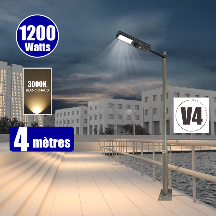Pack lampadaire solaire complet 3/4/5/6 mètres au choix : Lampe solaire Série STARSHIP + Mât EVO - Entraxe des trous 200mm - Noir
