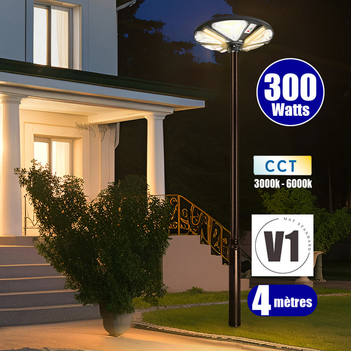 Pack lampadaire solaire complet 3/4/5/6 mètres au choix : Lampe solaire Série OVNI TRICOLORE + Mât EVO - Entraxe des trous 200mm - Noir