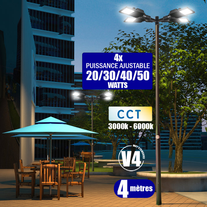 Pack lampadaire filaire complet quadruple tête 3/4/5/6 mètres au choix : 4x Lampes filaires Série STARPRO + Mât EVO - Entraxe des trous 200mm - Noir