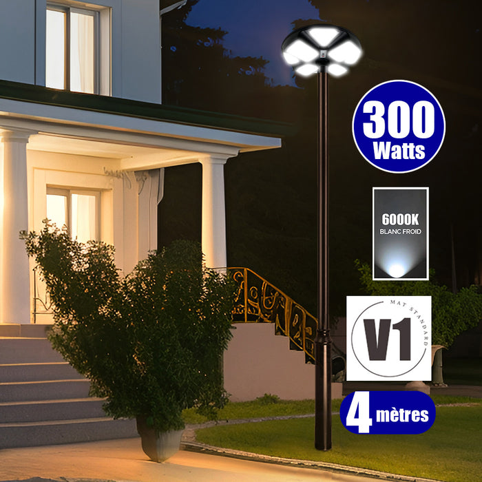 Pack lampadaire solaire complet 3/4/5/6 mètres au choix : Lampe solaire Série OVNI CRYSTAL V2 + Mât EVO - Entraxe des trous 200mm - Noir