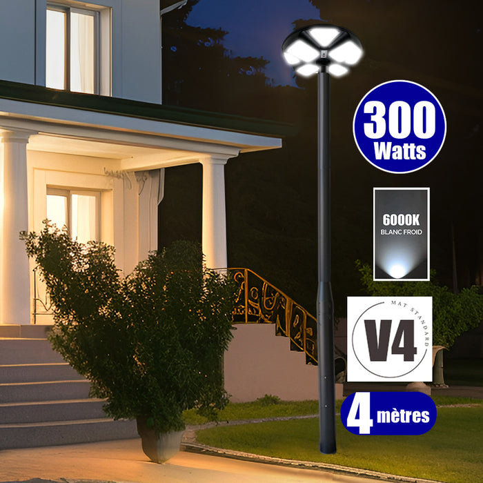 Pack lampadaire solaire complet 3/4/5/6 mètres au choix : Lampe solaire Série OVNI CRYSTAL V2 + Mât EVO - Entraxe des trous 200mm - Noir