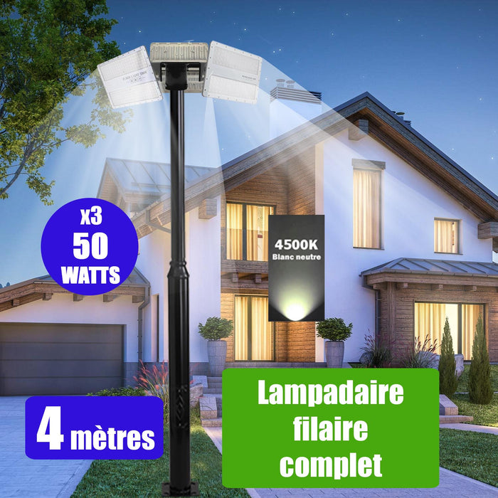 Pack lampadaire filaire complet triple tête 4 mètres : 3x Projecteurs LED filaires Série ELITE 50 Watts - 4500k + Mât STANDARD - 4 mètres
