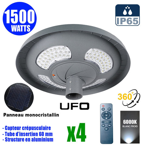 Pack de 4x Lampes solaires pour extérieur - Série OVNI FUTUR V2 - 1500 Watts - 3200 Lumens - Angle 360° - IP65 - 61 x 19 cm - Tube d'insertion 76 mm - Structure en aluminium - Capteur crépusculaire - Télécommande multifonctions - 6000k