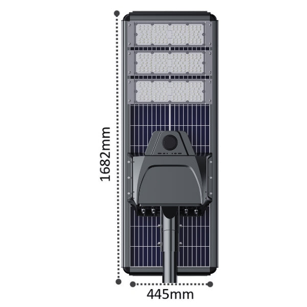 Lampe de rue solaire - Série STARSHIP ELITE - 19 200 Lumens - Angle 150x70° - IP65 - 168 x 45 x 9 cm - 3000k/4000k/6000k au choix - Structure ALUMINIUM - Tube d'insertion 76mm - Régulateur MPPT - Détecteur de mouvement - Télécommande - Garantie 3 ans