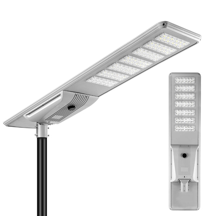 Lampe de rue solaire - Série STREET V3 - 24 000 - Lumens - 120 Watts - Structure Aluminium - Dimensions 2006 x 408 x 150 mm - Panneau solaire 150W MONOCRISTALLIN - Autonomie 12 heures - Garantie 3 ans