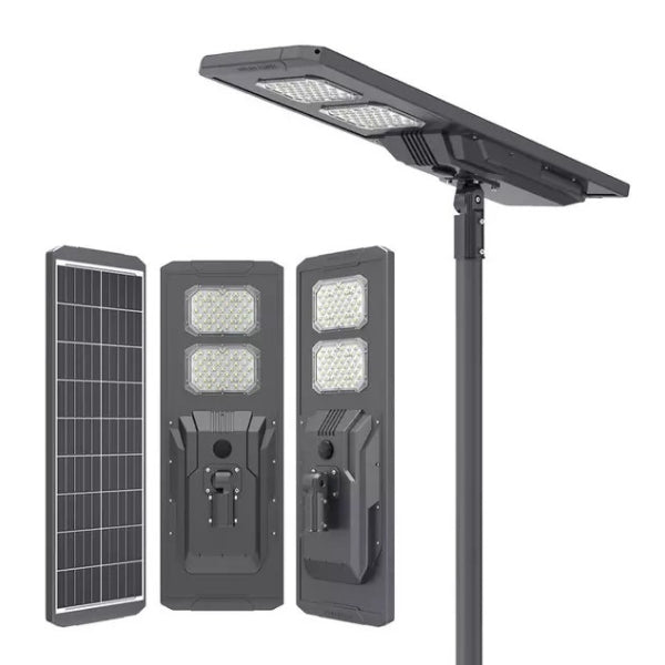 Lampe de rue solaire - Série STARSHIP ULTRA V2 - 9600 Lumens - 60 Watts - Couleur 6500K - Angle 150x70° - IP65 - Structure Aluminium - 1130 x 400 x 102 mm - Tube d'insertion 76mm - Régulateur MPPT - Garantie 2 ans