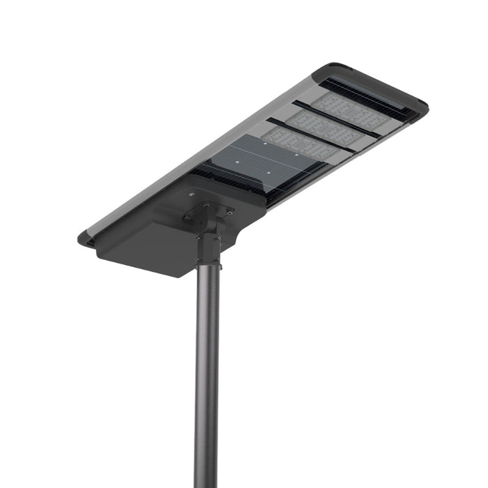 Lampe de rue solaire - Série HORIZON - 16 000 Lumens - 100 Watts - Couleur 6500K - Angle 150x70° - IP65 - Structure Aluminium - 1374 x 497 x 115 mm - Tube d'insertion 76mm - Régulateur MPPT - Garantie 3 ans