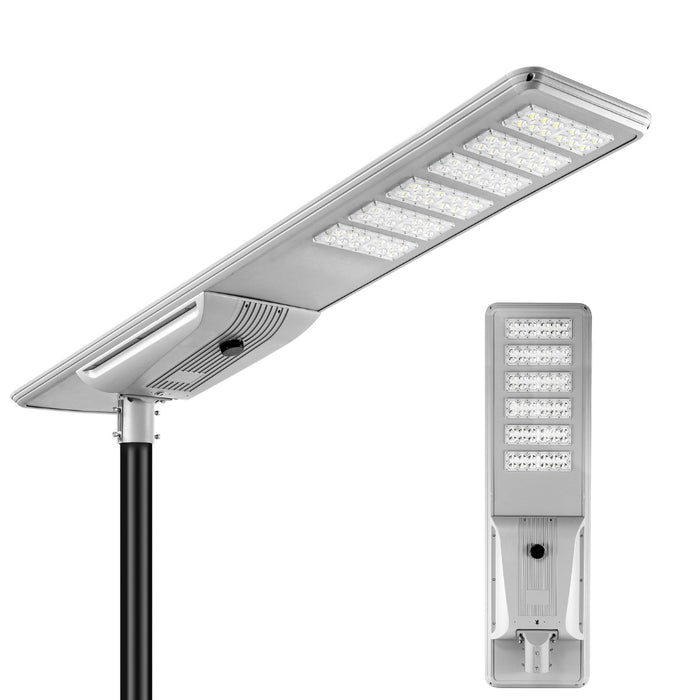 Lampe de rue solaire - Série STREET V3 - 20 000 Lumens - 100 Watts - Structure Aluminium - Dimensions 1603 x 408 x 150 mm - Panneau solaire 130W MONOCRISTALLIN - Autonomie 12 heures - Garantie 3 ans