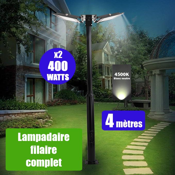 Pack lampadaire filaire complet double tête 4 mètres : 2x Projecteurs LED filaires Série ELITE 400 Watts - 4500k + Mât STANDARD - 4 mètres avec trappe