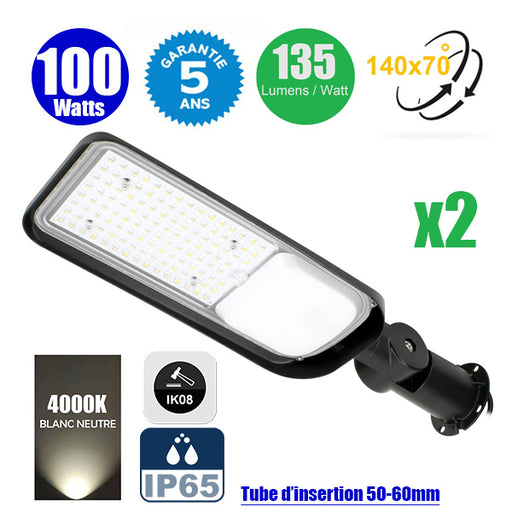 Pack de 2x Lampes de rue filaires - Série FLEX PLUS - 100 Watts - 13 500 Lumens - 135 Lumens/Watt - Angle 140*70° - IP65 - IK08 - 57 x 18 x 11 cm - Tube d'insertion 50-60mm - Support ajustable - 4000K - Couleur NOIR - Garantie 5 ans