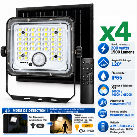 Pack de 4x Projecteurs LED solaires - Série SECURITY V5 - CCT - 200 Watts - 1500 Lumens - IP65 - Angle 120° - 13 x 12 x 4 cm - Panneau solaire MONOCRISTALLIN - Mode de détection sans veille 0-100% - Télécommande Multifonctions