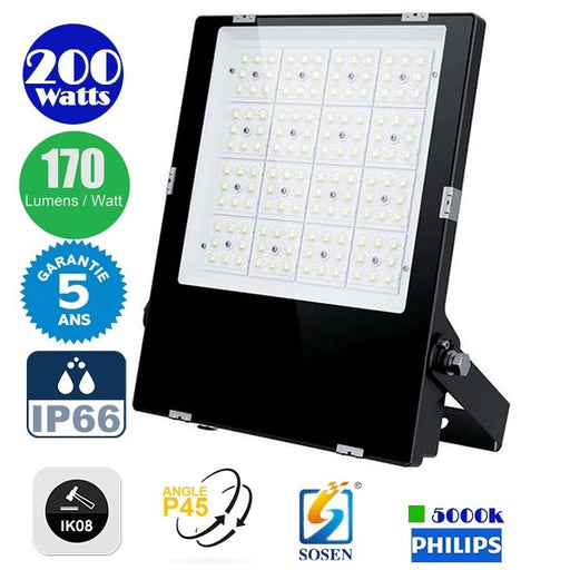 DERNIER DU STOCK : Projecteur LED Haute Puissance - Série CITY PLUS EVO 200 Watts - 34 000 Lumens - 170 Lumens/Watt - Angle P45 - IP66 - IK08 - 41 x 33 x 5 cm - Transformateur SOSEN - 5000k - Garantie 5 ans