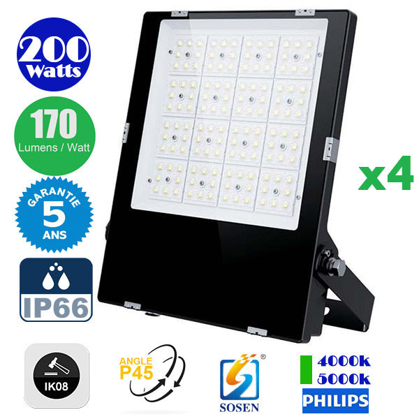 Pack de 4x Projecteurs LED Haute Puissance - Série CITY PLUS EVO 200 Watts - 34 000 Lumens - 170 Lumens/Watt - Angle P45 - IP66 - IK08 - 41 x 33 x 5 cm - Transformateur SOSEN - 4000k/5000k - Garantie 5 ans