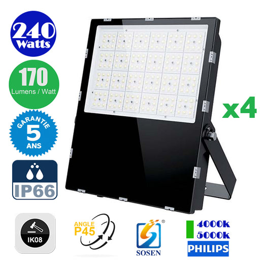 Pack de 4x Projecteurs LED Haute Puissance - Série CITY PLUS EVO 240 Watts - 40 800 Lumens - 170 Lumens/Watt - Angle  P45 - IP66 - IK08 - 41 x 33 x 5 cm - Transformateur SOSEN - 4000k / 5000k - Garantie 5 ans