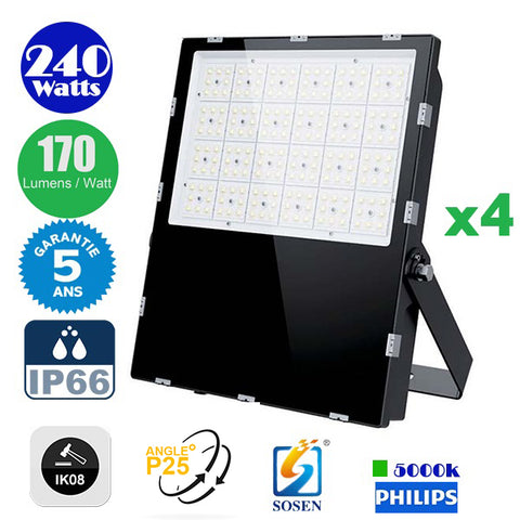 DERNIER DU STOCK : 4x Projecteurs LED Haute Puissance - Série CITY PLUS EVO 240 Watts - 40 800 Lumens - 170 Lumens/Watt - Angle  P25 - IP66 - IK08 - 41 x 33 x 5 cm - Transformateur SOSEN - 5000k - Garantie 5 ans
