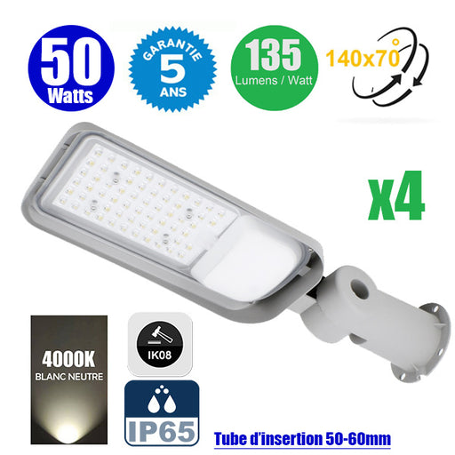 Pack de 4x Lampes de rue filaires - Série FLEX PLUS - 50 Watts - 6750 Lumens - 135 Lumens/Watt - Angle 140*70° - IP65 - IK08 - 47 x 15 x 11 cm - Tube d'insertion 50-60mm - Support ajustable - 4000K - Couleur GRIS - Garantie 5 ans