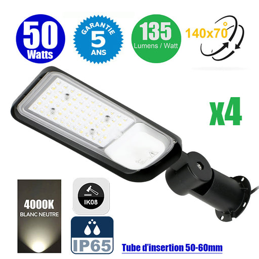 Pack de 4x Lampes de rue filaires - Série FLEX PLUS - 50 Watts - 6750 Lumens - 135 Lumens/Watt - Angle 140*70° - IP65 - IK08 - 47 x 15 x 11 cm - Tube d'insertion 50-60mm - Support ajustable - 4000K - Couleur NOIR - Garantie 5 ans