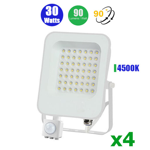 PACK de 4x Projecteurs LED Filaires avec détecteur de mouvement - 30 Watts - 2700 lumens - 90 Lumens/Watt - Angle 90° - IP65 - 154 x 228 x 55 mm