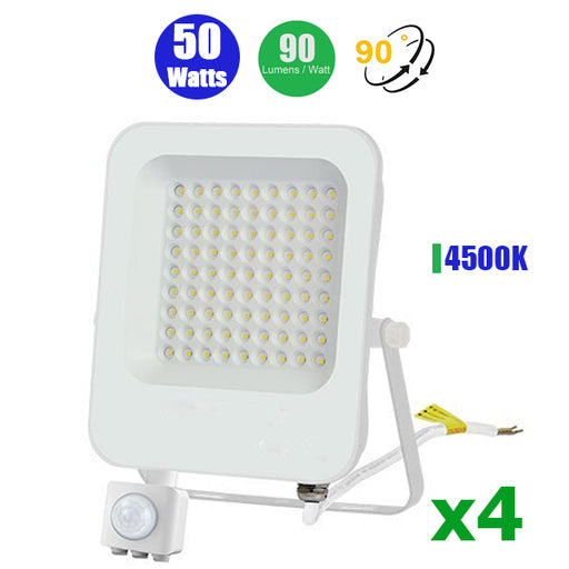 Pack de 4x Projecteurs LED Filaires avec détecteur de mouvement - 50 Watts - 4500 lumens - 90 Lumens/Watt - Angle 90° - IP65 - 182 x 263 x 57 mm
