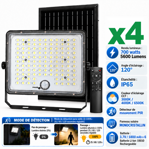 Pack de 4x Projecteurs LED solaires - Série SECURITY V5 - CCT - 700 Watts - 5600 Lumens - IP65 - Angle 120° - 33 x 27 x 8 cm - Panneau solaire MONOCRISTALLIN - Mode de détection sans veille 0-100% - Télécommande Multifonctions