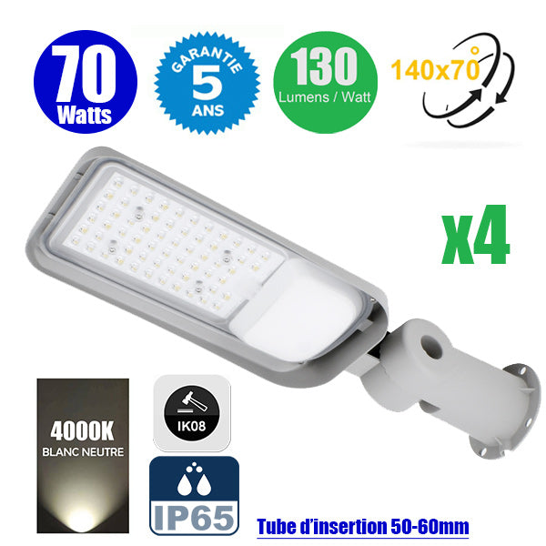 Pack de 4x Lampes de rue filaires - Série FLEX PLUS - 70 Watts - 9100 Lumens - 130 Lumens/Watt - Angle 140*70° - IP65 - IK08 - 47 x 15 x 11 cm - Tube d'insertion 50-60mm - Support ajustable - 4000K - Couleur GRIS - Garantie 5 ans
