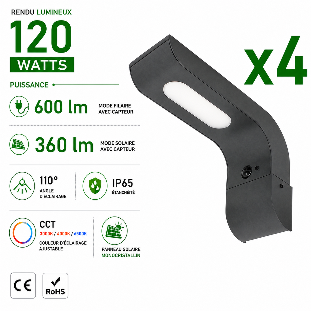 Pack de 4x Appliques murales LED Hybrides - Série APLIK - CCT - Solaire & filaire - 360 / 600 Lumens - Angle 110° - IP65 - 27 x 16 x 9 cm -  Avec capteur crépusculaire - Avec détecteur de mouvement PIR
