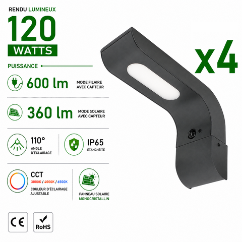 Pack de 4x Appliques murales LED Hybrides - Série APLIK - CCT - Solaire & filaire - 360 / 600 Lumens - Angle 110° - IP65 - 27 x 16 x 9 cm -  Avec capteur crépusculaire - Avec détecteur de mouvement PIR